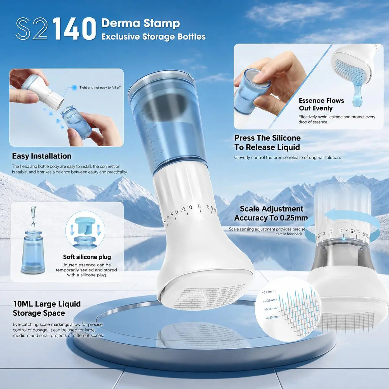 Titanium Derma Stamp - 0.25Mm Adjustable Depth Microneedling Cosmetic Tool, 140 Fine Pins, 10Ml Serum Applicator, Lightweight Daily at Home Facial Tool, Easy to Clean, Portable for Scalp & Beard Care