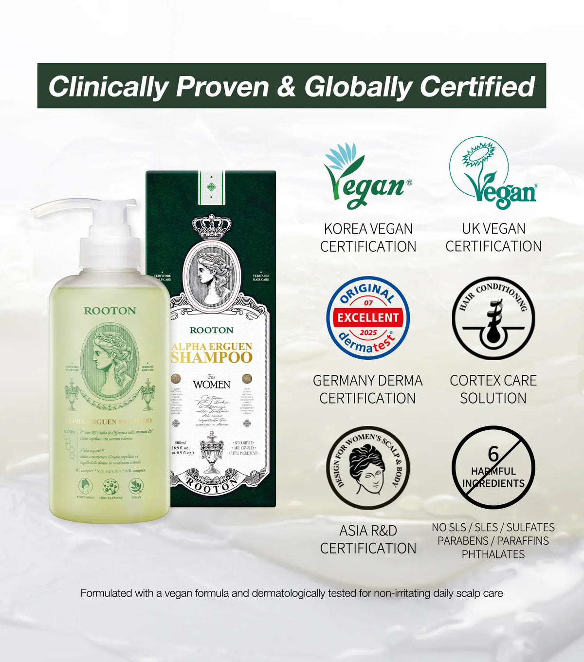 [ROOTON Official Store] Alpha Erguen Shampoo 16.9 Fl.Oz (500Ml) – Women Vegan Formula for anti Hair Loss, Scalp Balancing & Silky Nourishing Care with Clinically Proven Rt-Complex Formula