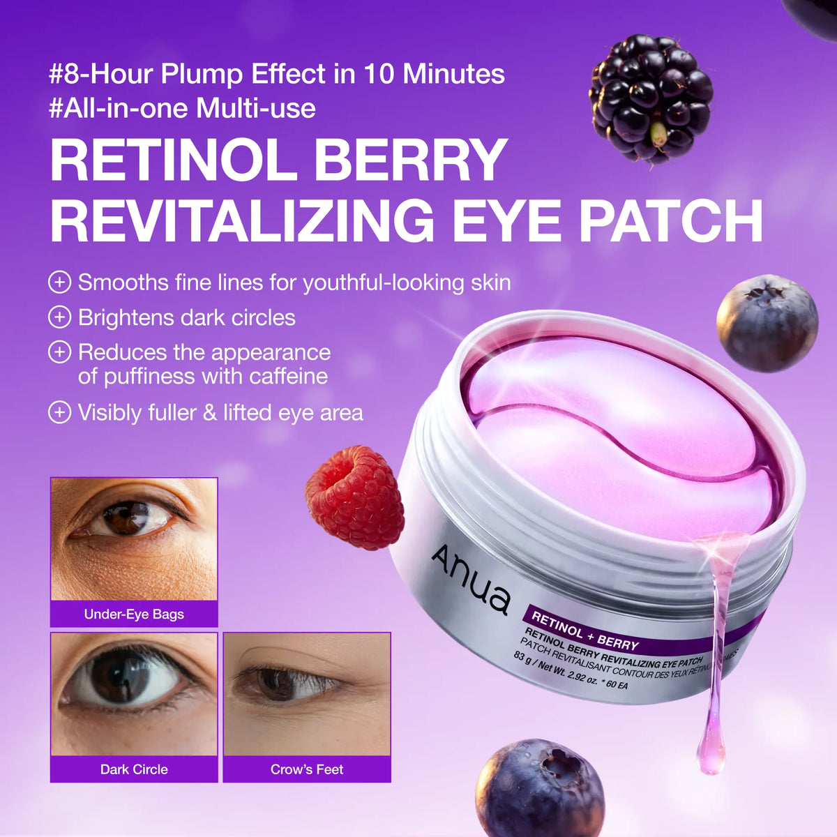 Anua Retinol Berry Revitalizing Eye Patches - 60 Hydrogel Patches for Dark Circles & Fine Lines